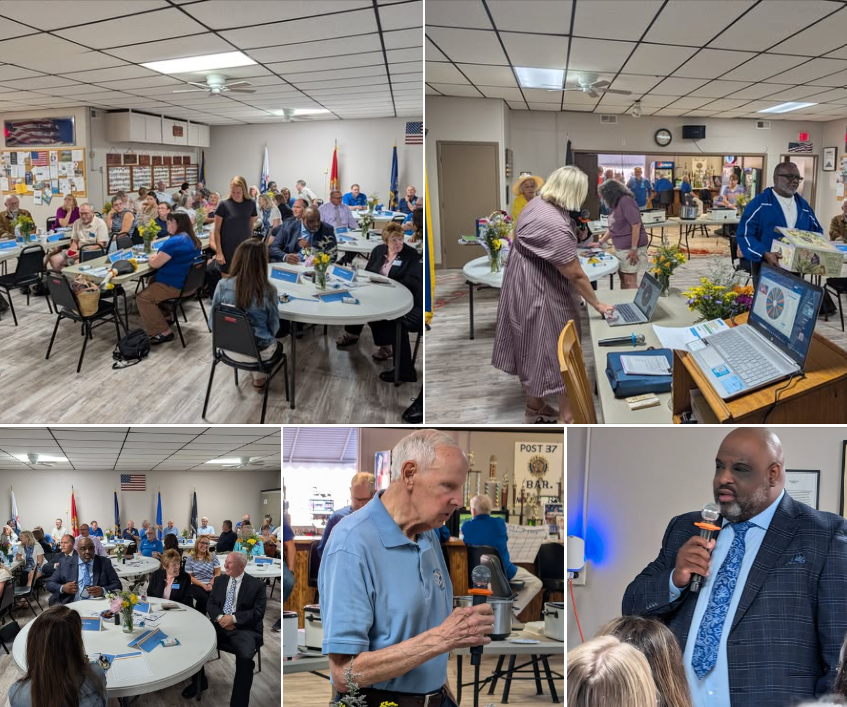 Collage of a packed Gem City Kiwanis club program featuring Quincy Public Schools superintendent Dr. Larry D. Gray II and recognition of Dr. George Meyer